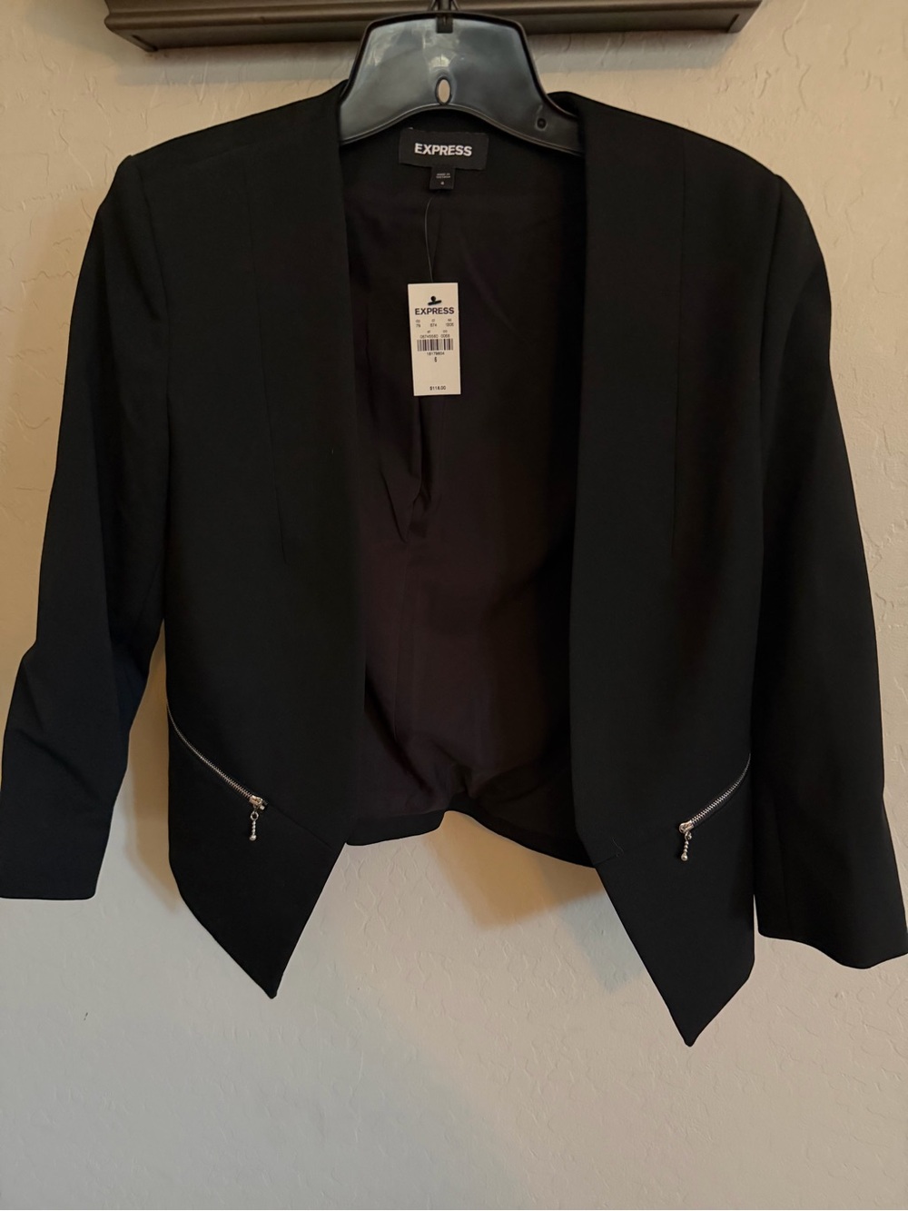 Express Black Open-Front Cropped Blazer with Zip Accents
